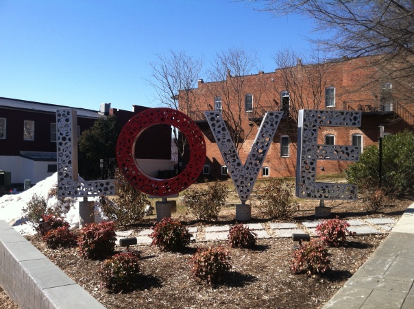 The Love Sign in downtown Culpepper.  It is called 'reel love' and is made out of movie reels.  It highlights the 'emerging arts scene' in the area.  We stopped by this on our way in between the two vineyards.