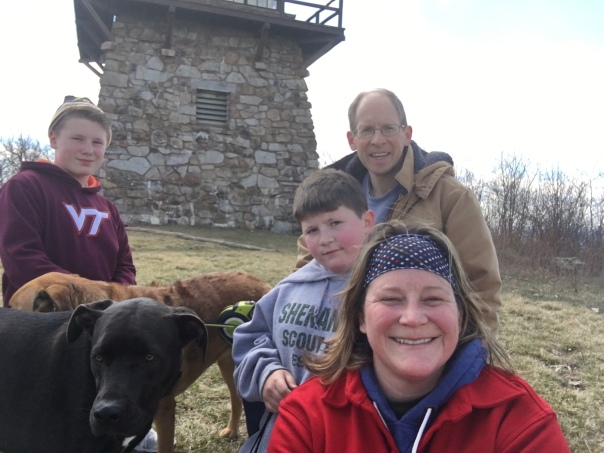 Trying to get the dogs in an 'usie' with the fire tower in the background proved too difficult a task! But, we had fun trying.